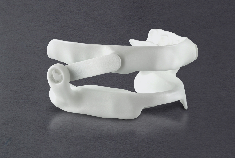 A nylon sleep appliance to treat obstructive sleep apnea.
